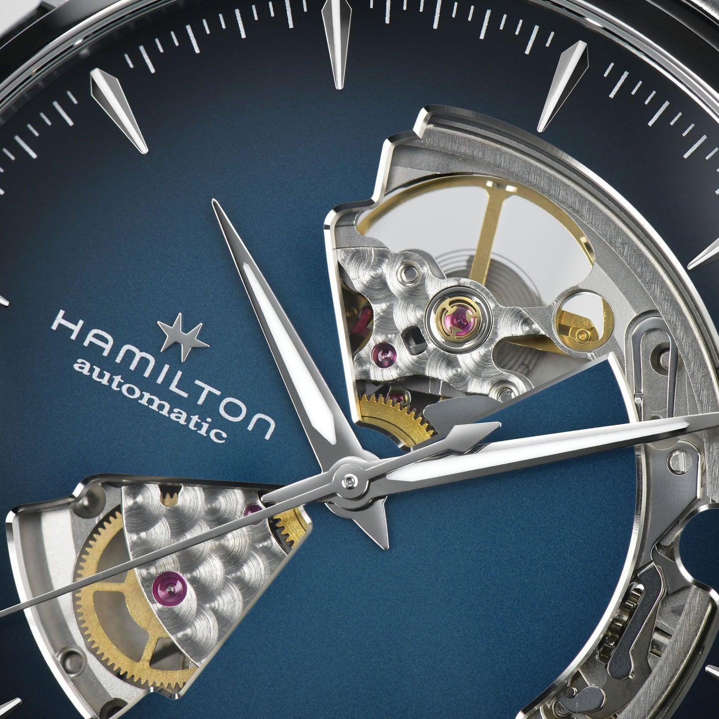 Jazzmaster Open Heart Orologio Analogico Hamilton In Acciaio Quadrante Sfumato Blu