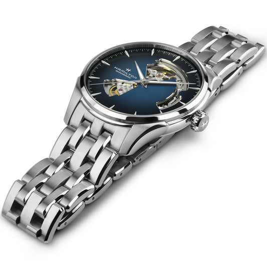Jazzmaster Open Heart Orologio Analogico Hamilton In Acciaio Quadrante Sfumato Blu