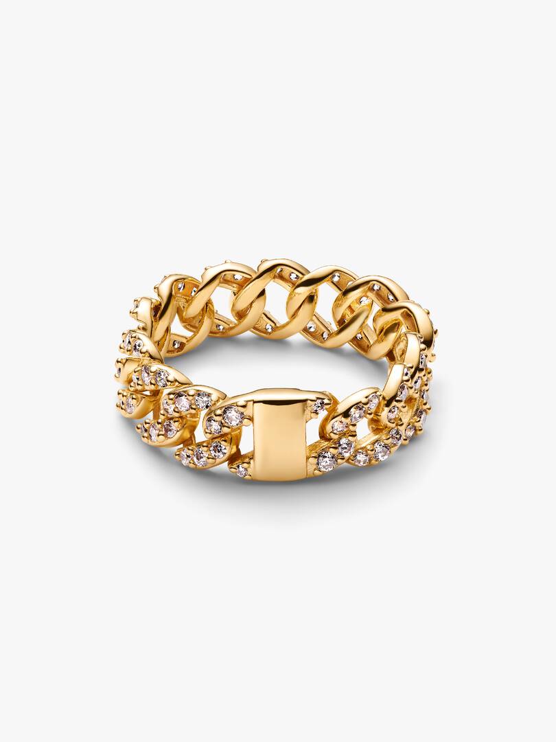 Anello Pandora Catena Maglia Cubana Pavé Oro
