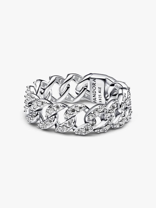 Anello Pandora Catena Maglia Cubana Pavè Argento