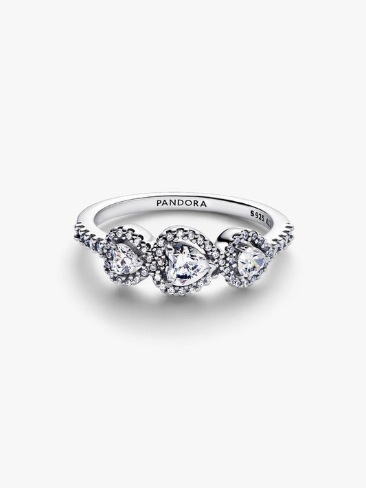 Anello Pandora Tre Cuori in Argento Sterling 925 con zirconia cubica trasparente