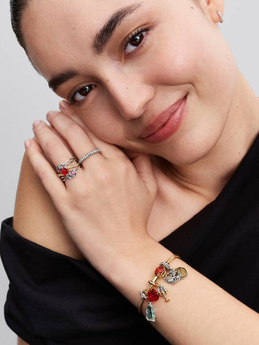 Anello Donna Pandora Disney La Bella e la Bestia Rosa Incantata Vetro di Murano