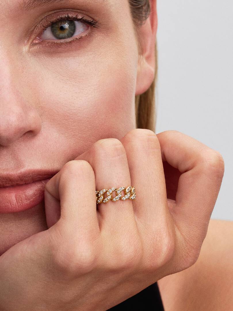 Anello Pandora Catena Maglia Cubana Pavé Oro