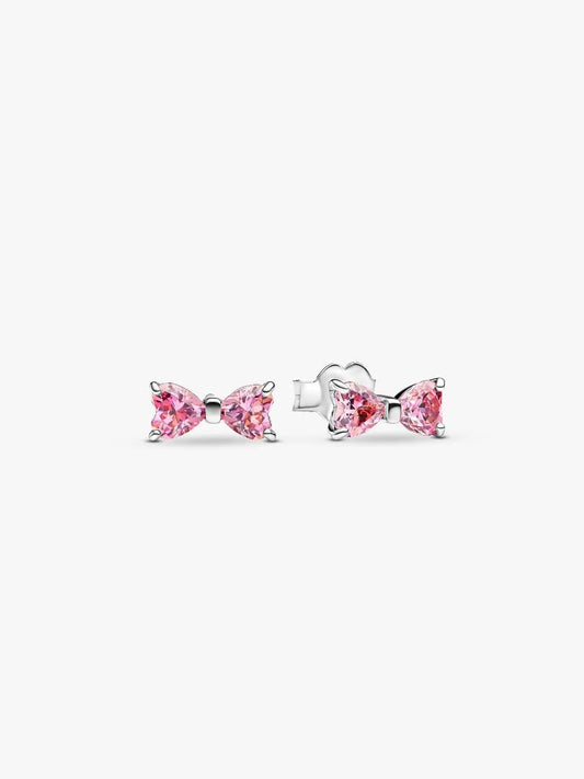 Orecchini Pandora Fiocco Luminoso in Argento Sterling 925 Rosa la pagina mostra anche un selettore per una variante di colore bianco