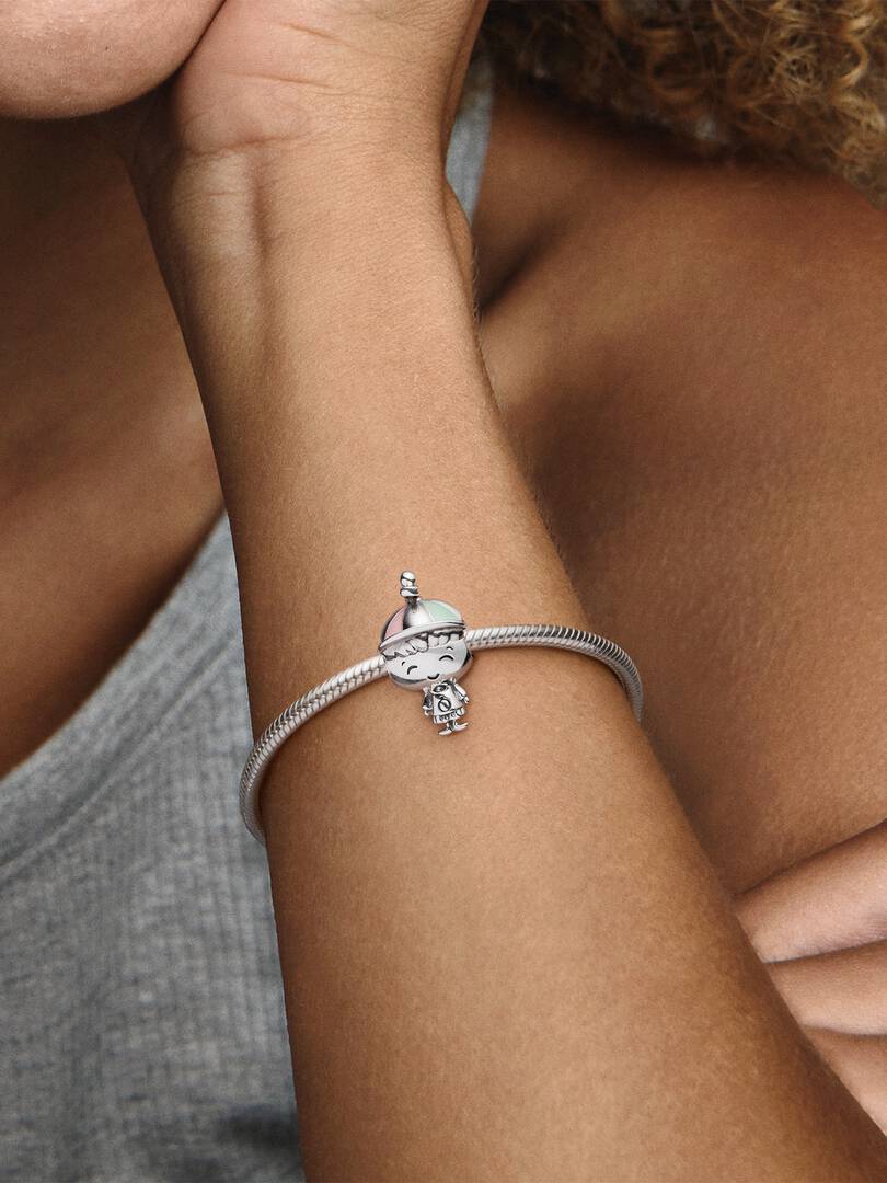 Charm Bimbo in Argento Pandora con Smalto Rosa e Verde