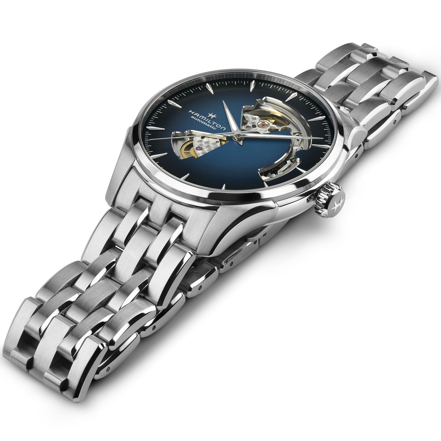 Jazzmaster Open Heart Orologio Analogico Hamilton In Acciaio Quadrante Sfumato Blu