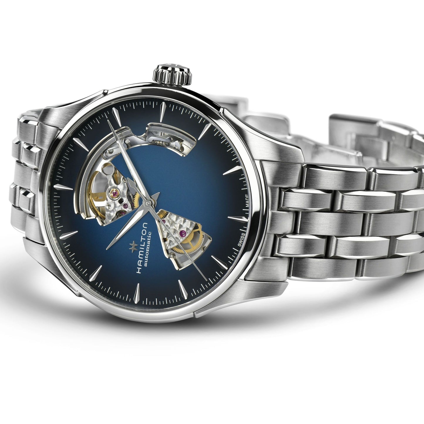 Jazzmaster Open Heart Orologio Analogico Hamilton In Acciaio Quadrante Sfumato Blu