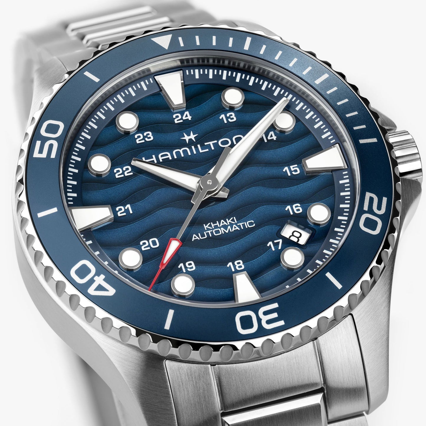 Orologio Uomo Hamilton 40mm In Acciaio Inossidabile Quadrante Blu Laccato Con Motivo A Onde In Rilievo