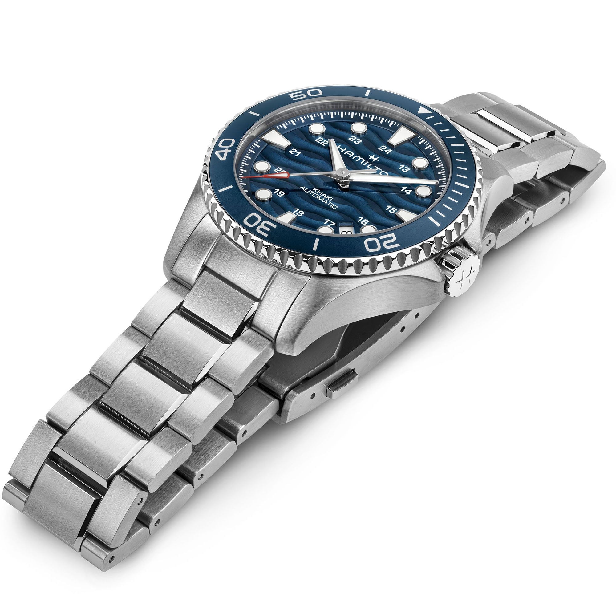 Orologio Uomo Hamilton 40mm In Acciaio Inossidabile Quadrante Blu Laccato Con Motivo A Onde In Rilievo