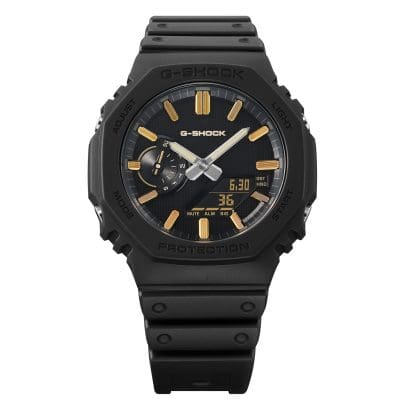 Dettaglio quadrante nero opaco e indici dorati GA-2100LXB-1A9
